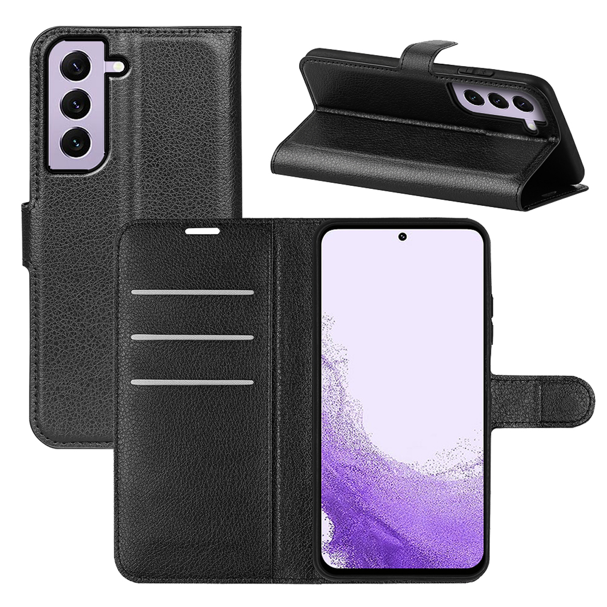 Coque de téléphone noire avec un téléphone à l'intérieur. L'étui possède un rabat et des emplacements pour cartes. Le téléphone est visible.