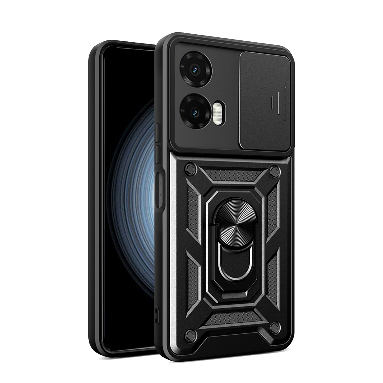 A black phone case with a camera cover and ring stand, showing a phone.