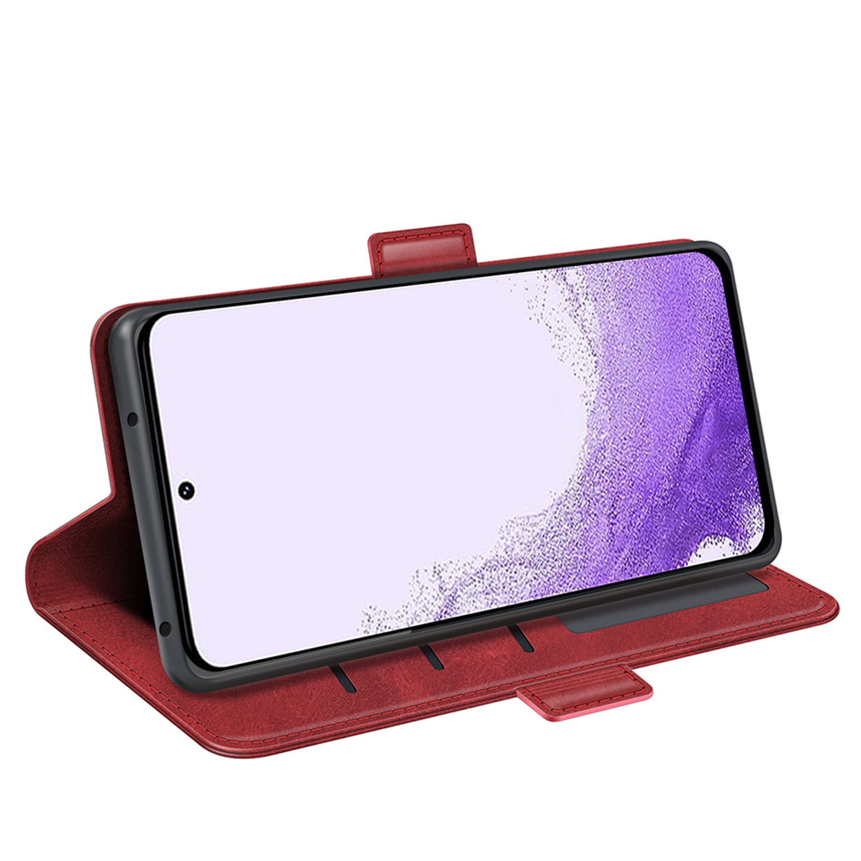 Étui de téléphone rouge ouvert, montrant un écran de téléphone noir. Le fond est blanc.