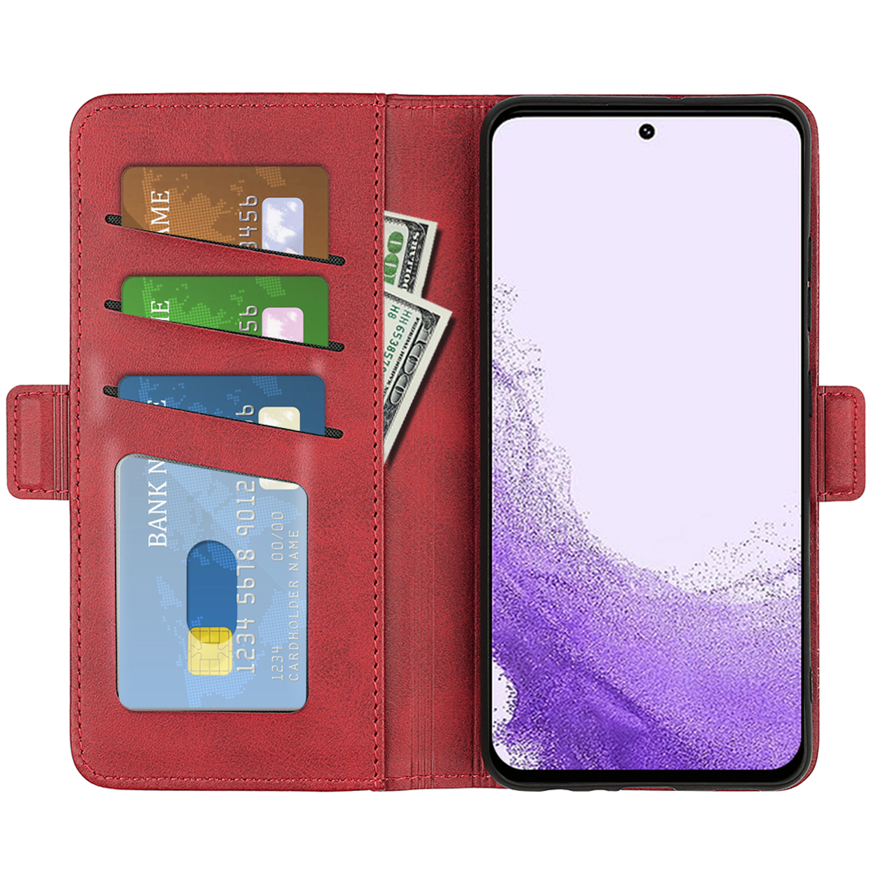 Étui de téléphone en cuir rouge, ouvert avec cartes et argent à l'intérieur, téléphone visible à droite.