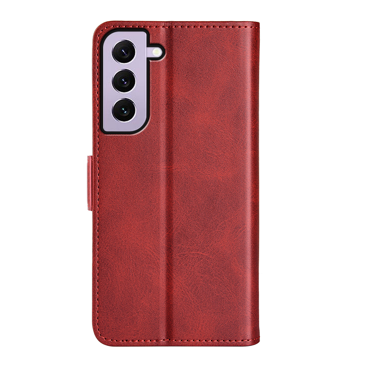 Étui de téléphone rouge et un téléphone. L'étui est fermé. Fond blanc.