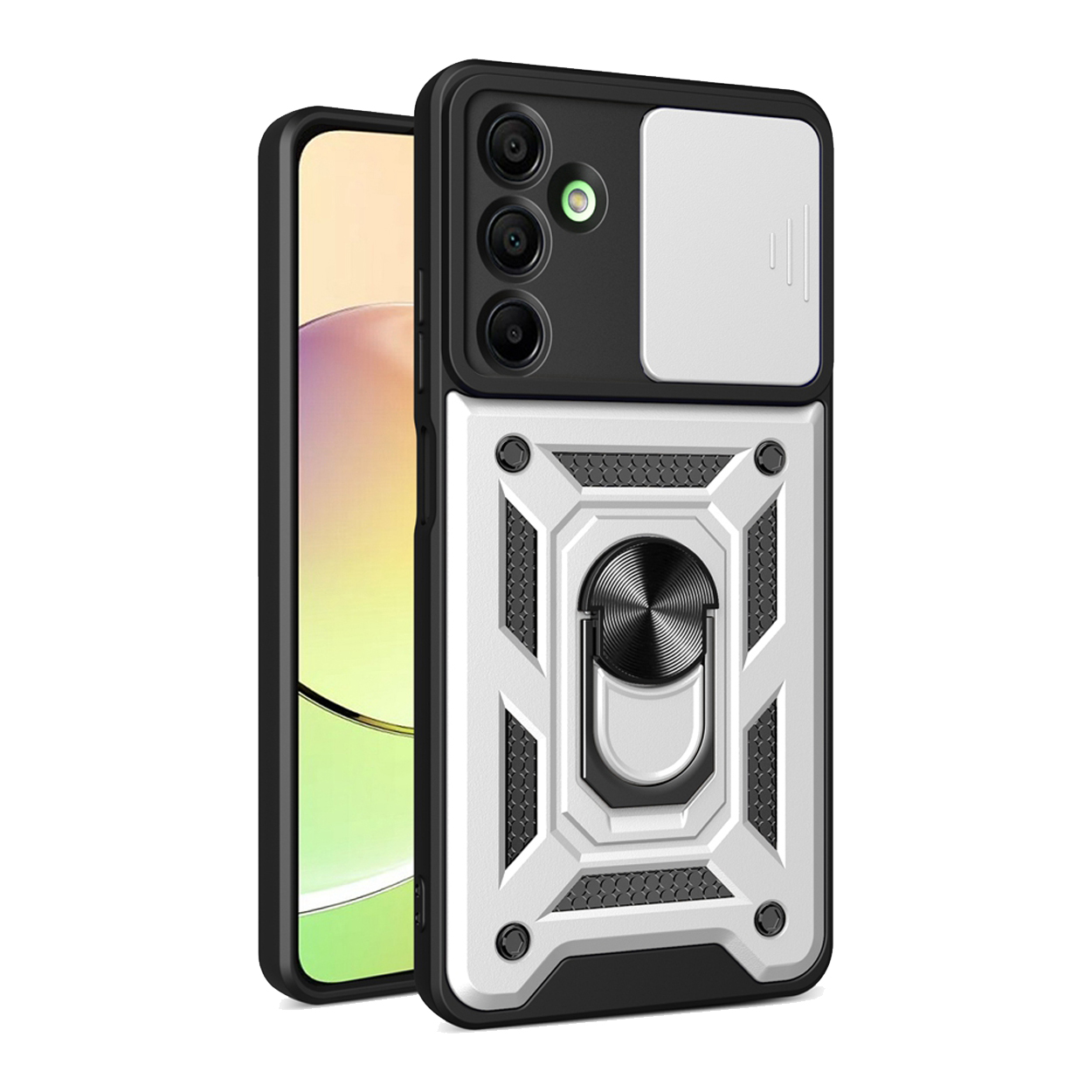 Black and white phone case with ring holder and camera cover. Phone visible on left.