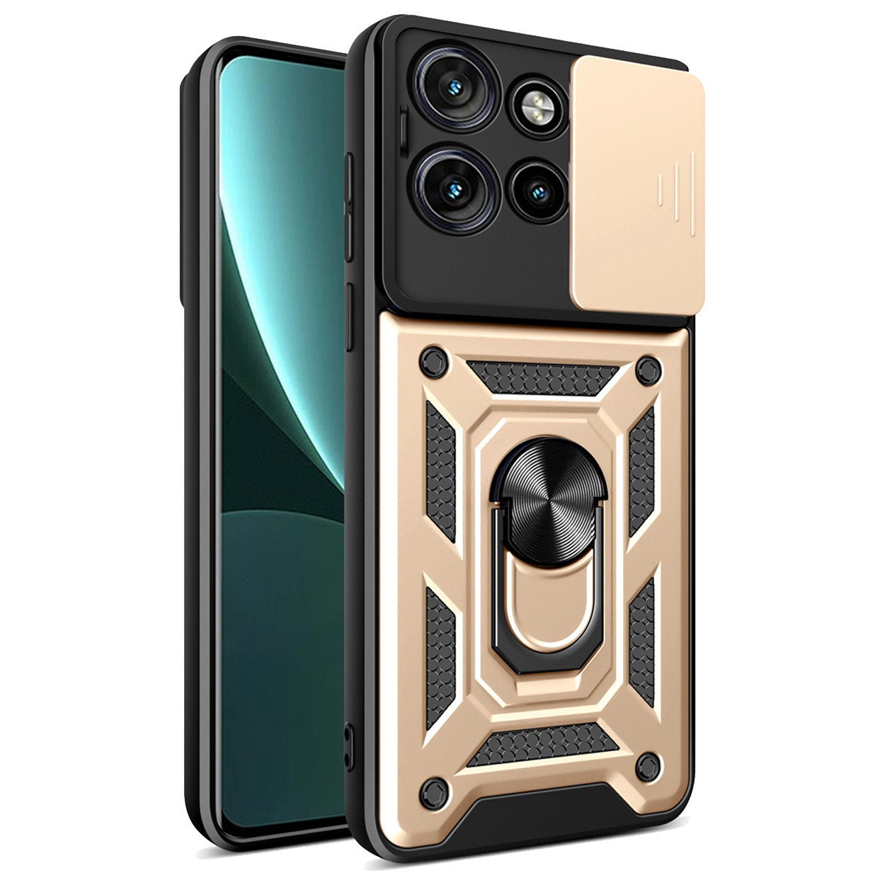 Gouden en zwarte telefoonhoes met een schuifbare camerabescherming en een ringhouder. De telefoon ligt op zijn kant.
