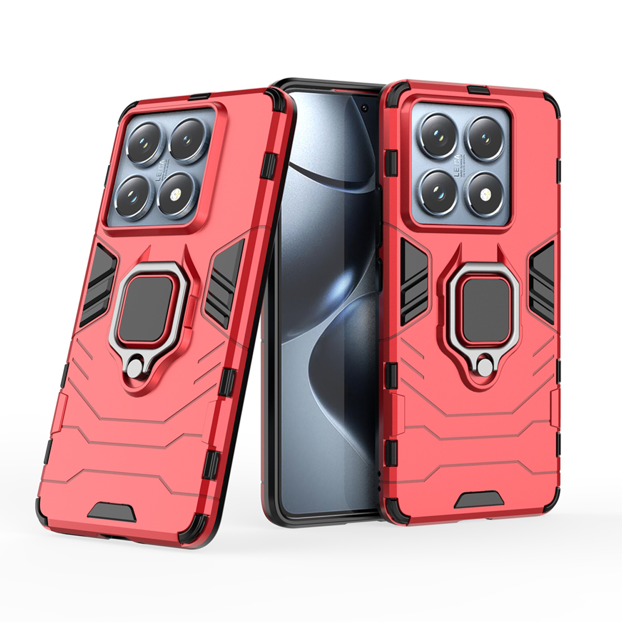 Rood telefoonhoesje met ringstandaard. Telefoon zit in de hoes. Witte achtergrond.