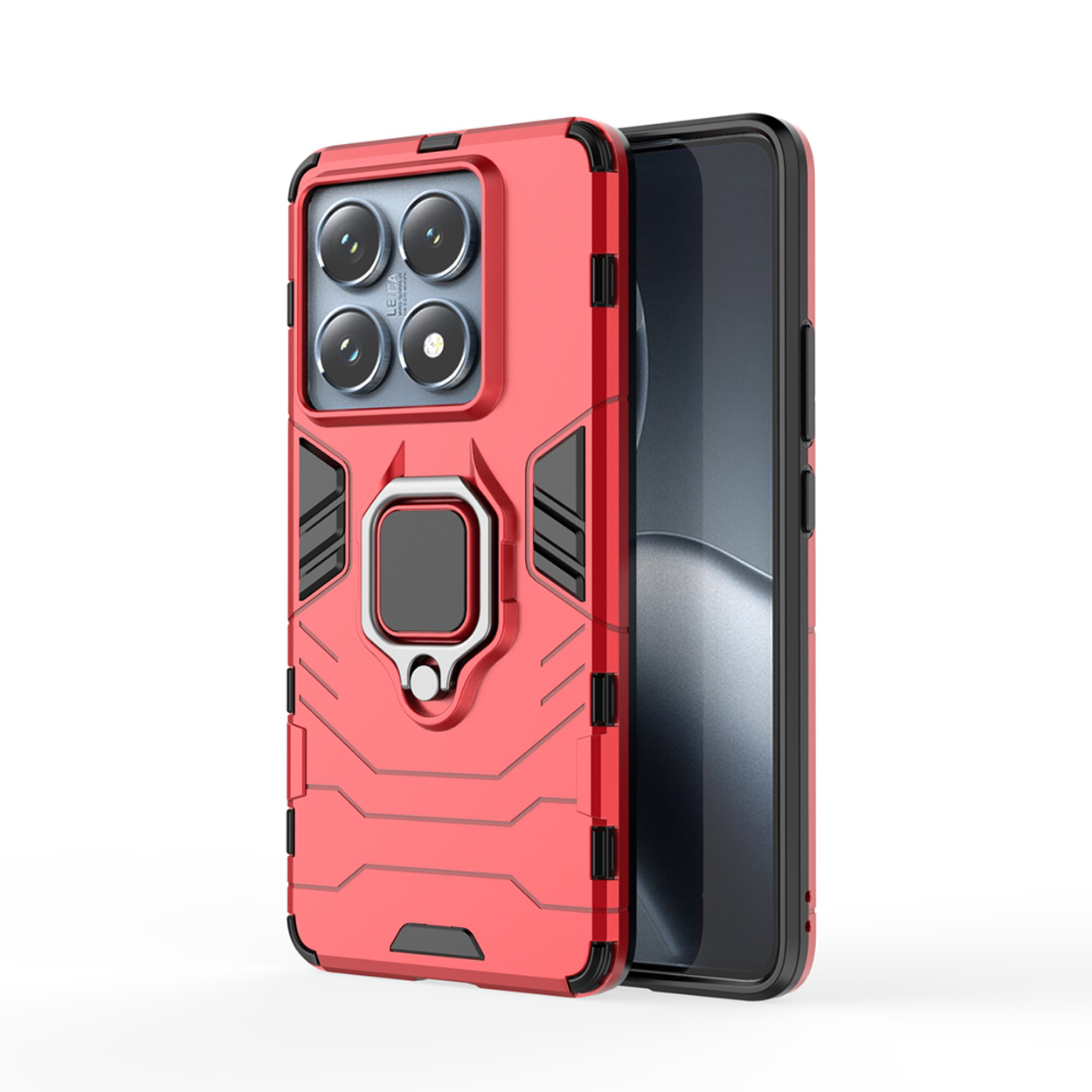 Rode telefoonhoes met zwarte accenten. Telefoonhoes op witte achtergrond.