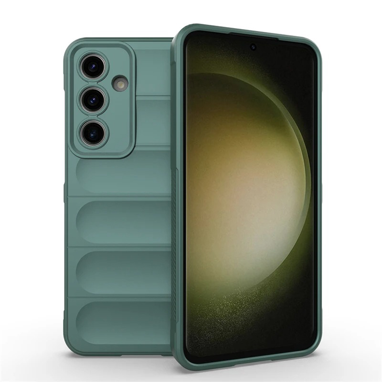 Groene telefoonhoes, open, met telefoon en hoes, op witte achtergrond.