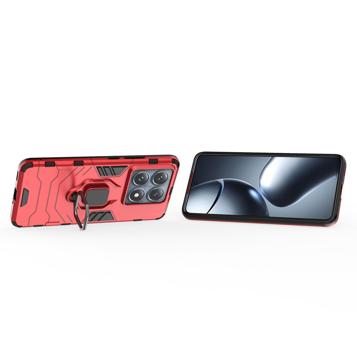 Twee telefoonhoesjes: een rode op zijn kant met een ringhouder en een telefoon met scherm op een wit oppervlak.
