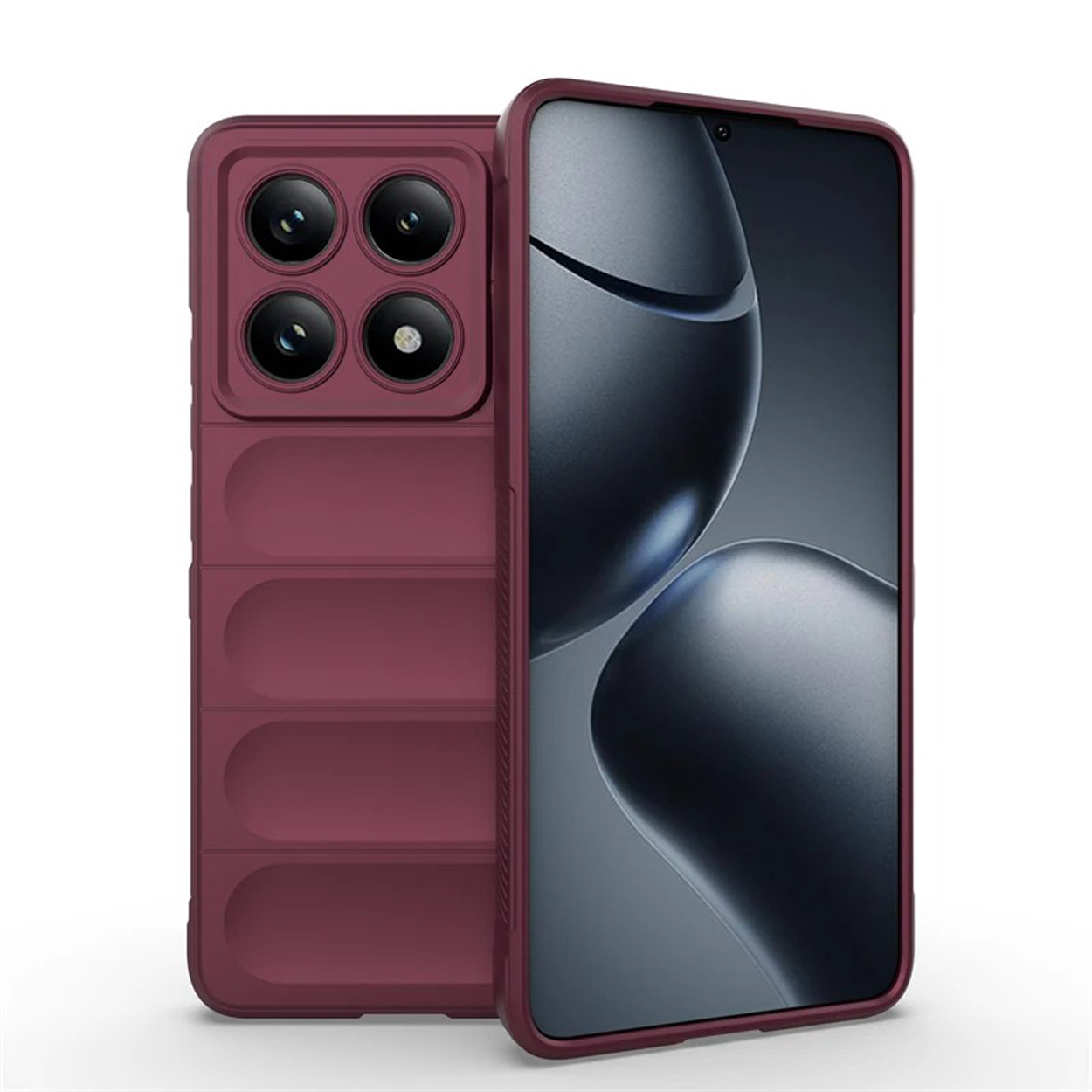 Bordeaux telefoonhoesje met een getextureerde achterkant en camera-uitsparingen. Het scherm van de telefoon is rechts zichtbaar.