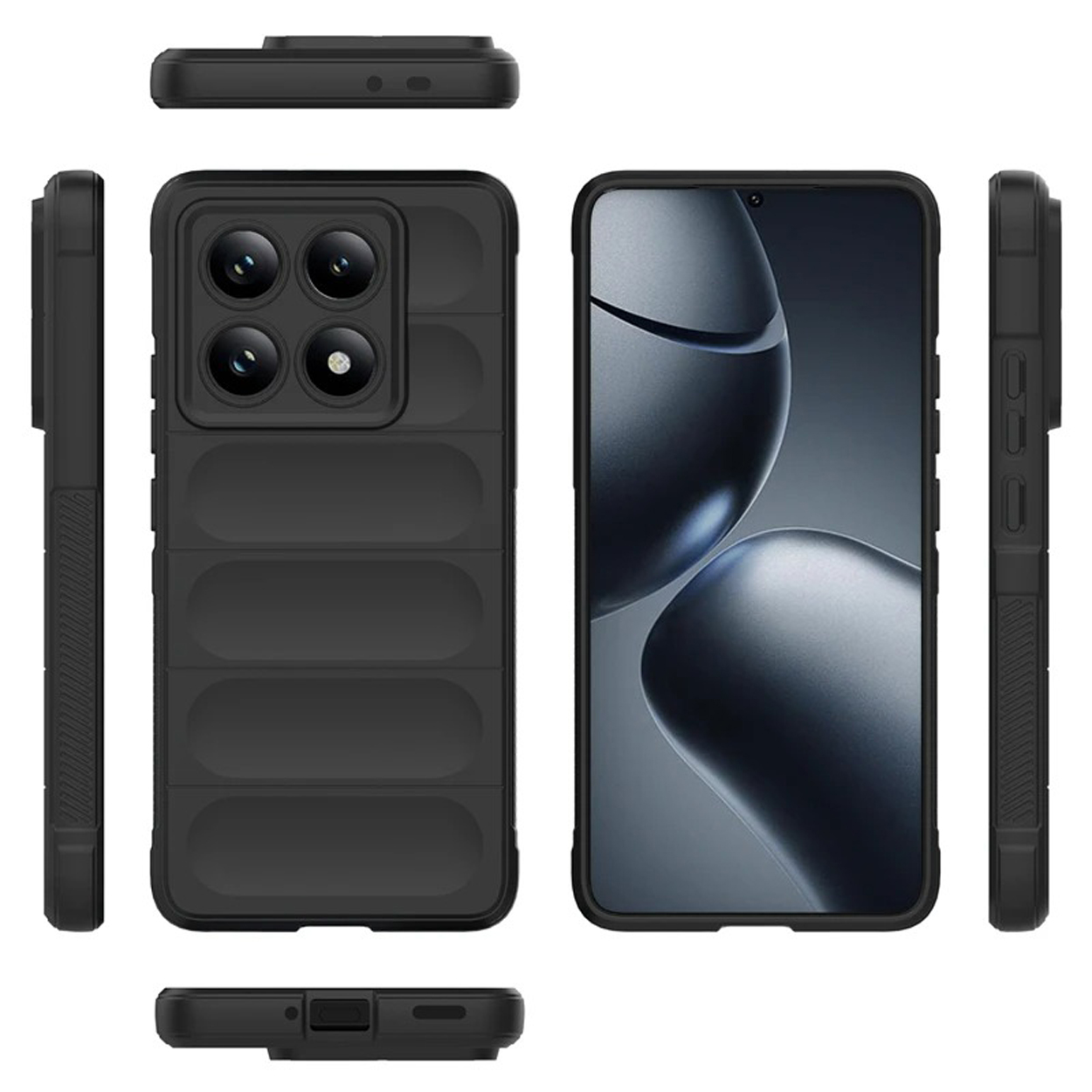 Een zwart telefoonhoesje met meerdere weergaven, met een telefoon en het camera-ontwerp.