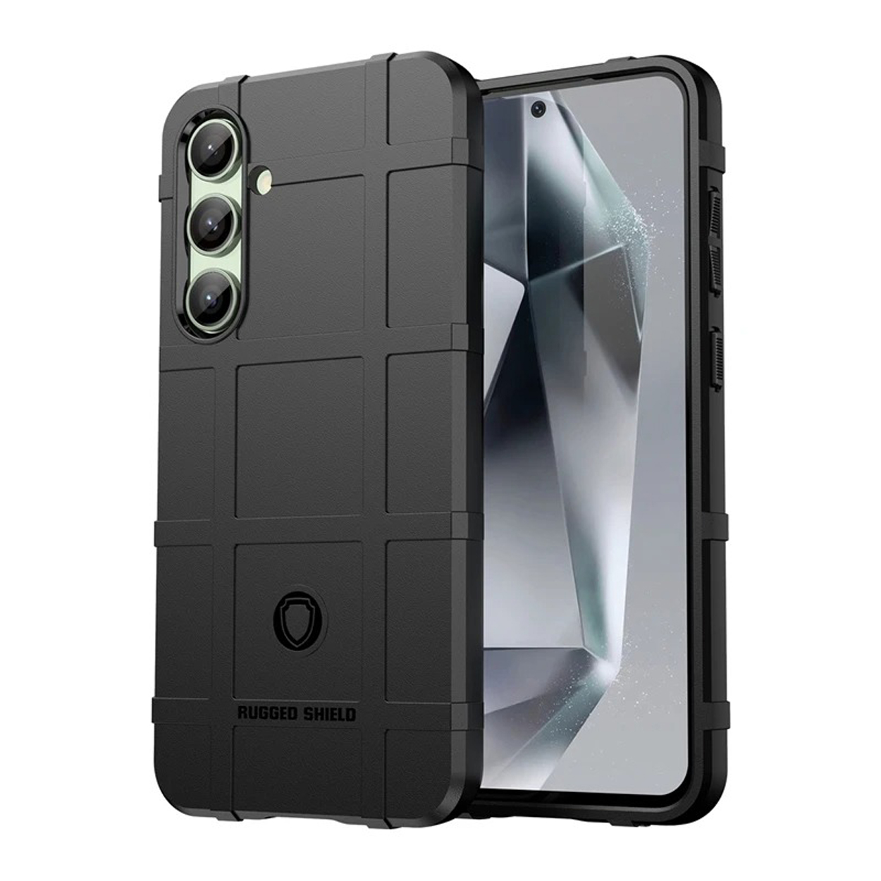 Zwarte telefoonhoes met een rasterpatroon op de achterkant en een robuust schildlogo.