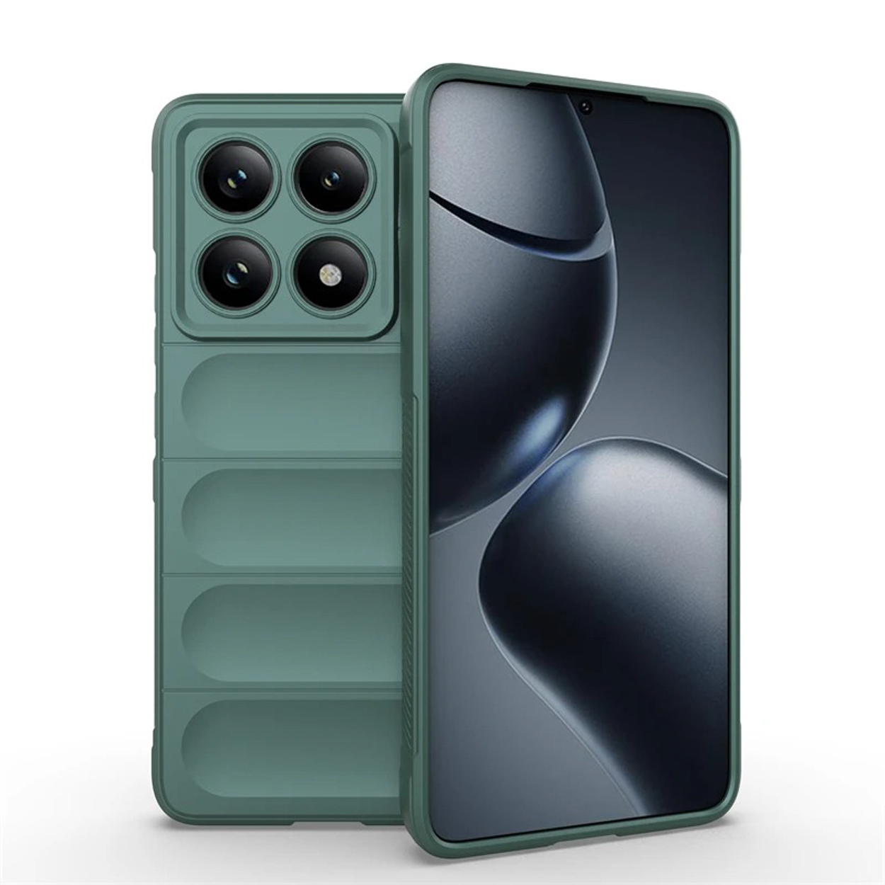 Groen telefoonhoesje. Telefoon zit in de hoes. Witte achtergrond.