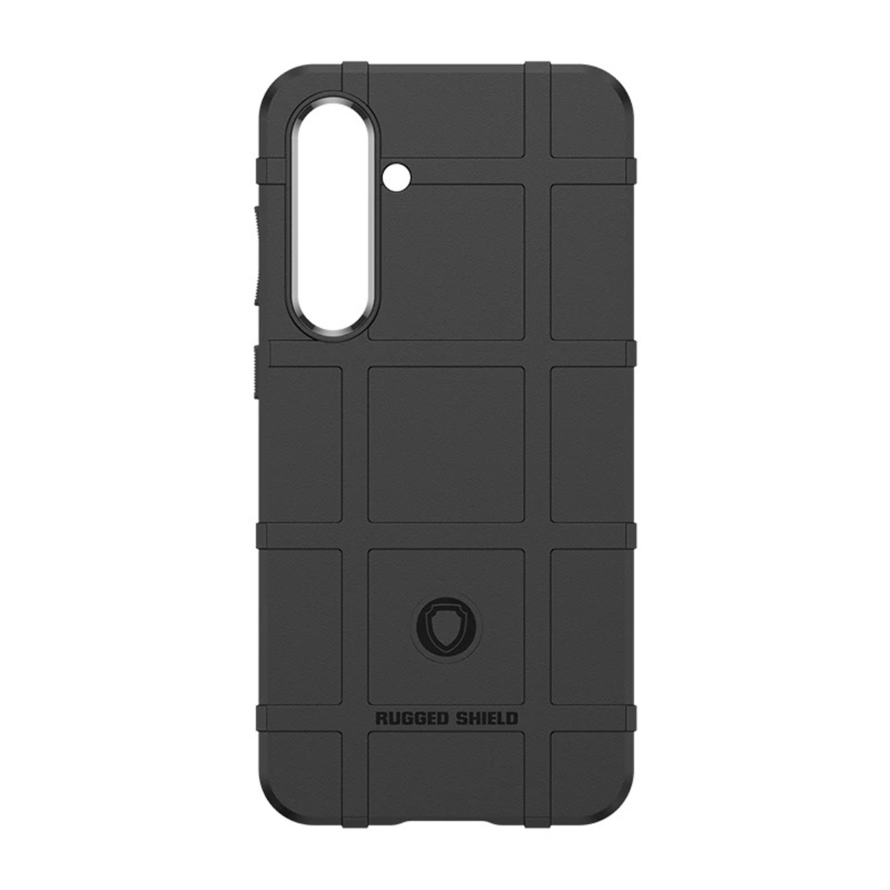 Zwarte telefoonhoes met een rasterachtige textuur. De hoes heeft een robuuste uitstraling en een logo onderaan.