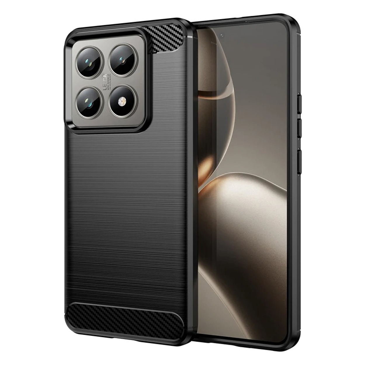 Coque de téléphone noire avec un téléphone à l'intérieur. L'étui a un dos texturé et une configuration à triple caméra.