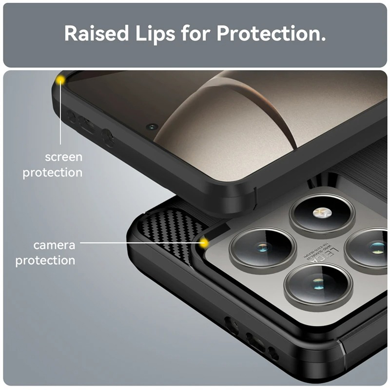 Coque de téléphone avec bords surélevés, protection caméra et écran. Caméra visible.