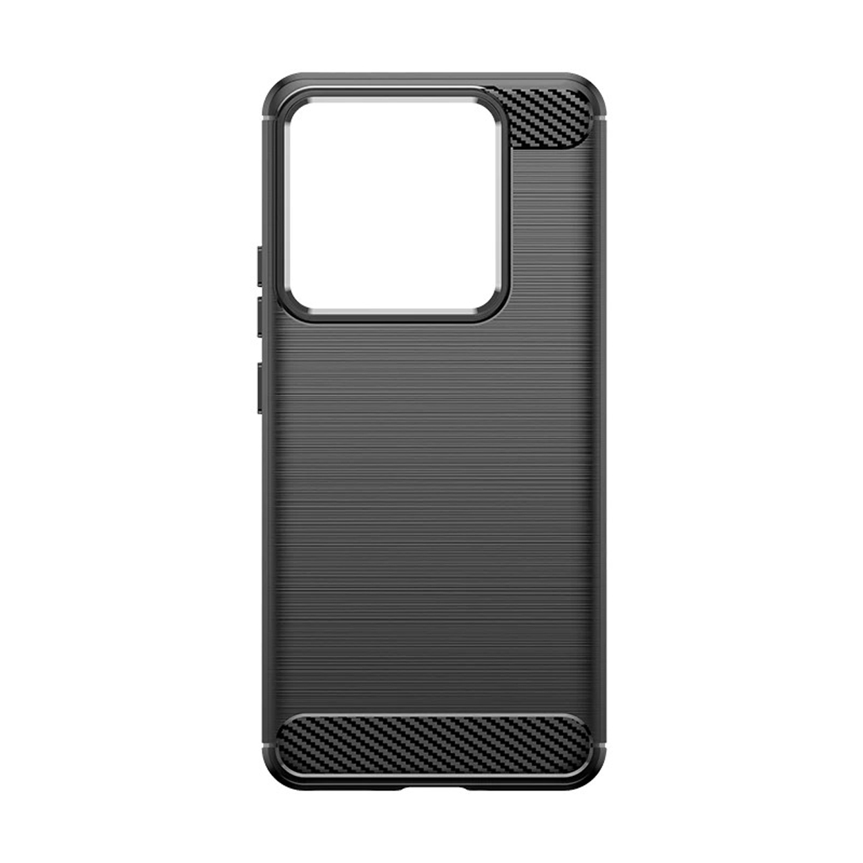Une coque de téléphone noire avec un dos texturé. Elle possède une découpe pour l'appareil photo.