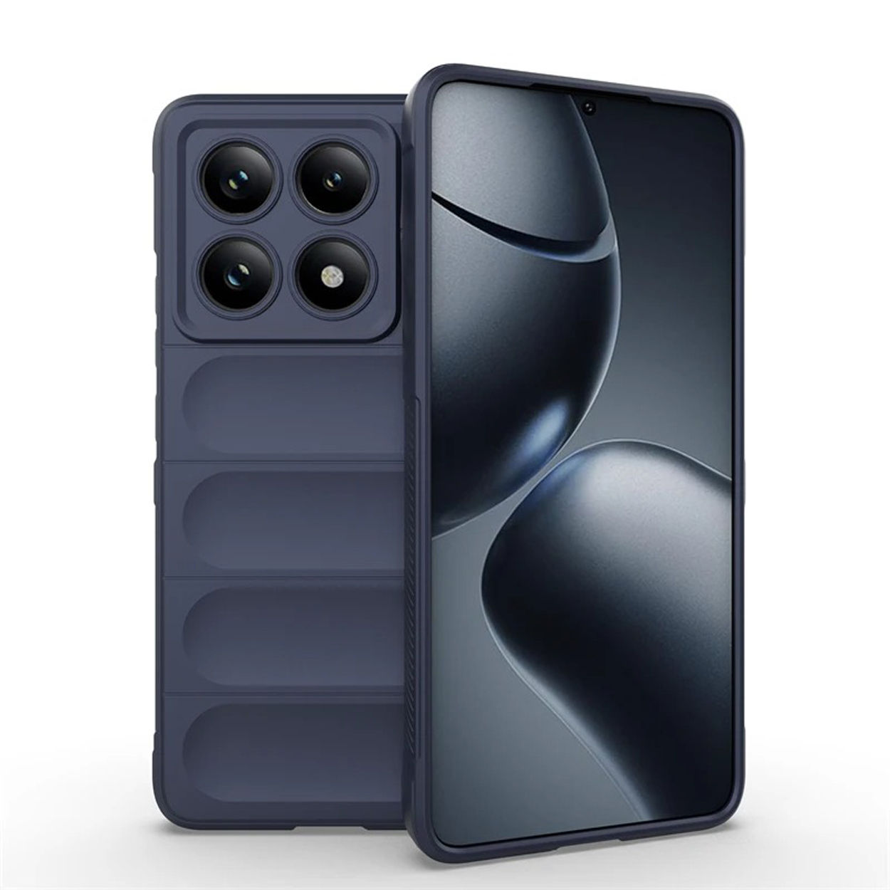 Coque de téléphone bleu foncé protégeant un téléphone. Le fond est blanc.