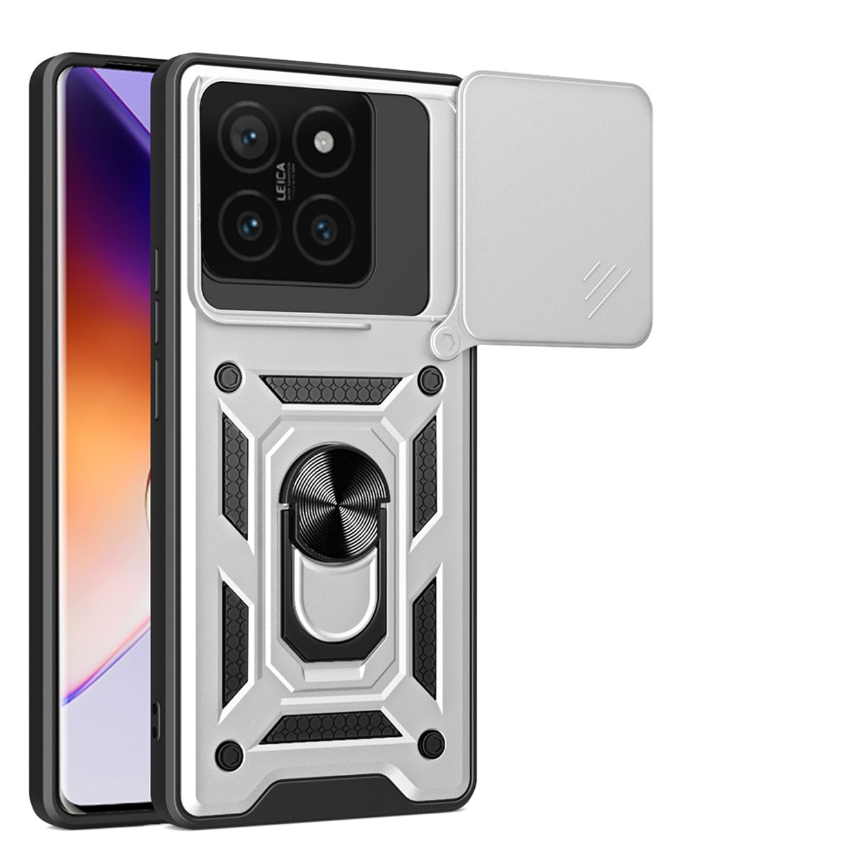 Telefoonhoesje met camerahoes, ringhouder en beschermend ontwerp. Met Leica-logo.