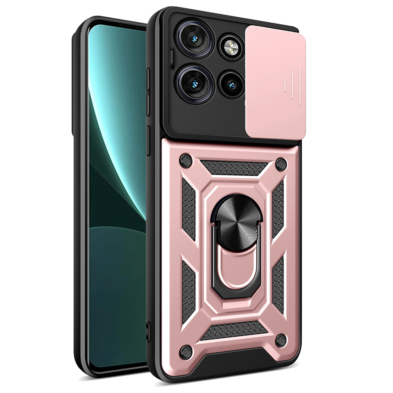 Roze en zwarte telefoonhoes met cameralensafdekking, ringstandaard en telefoon links.
