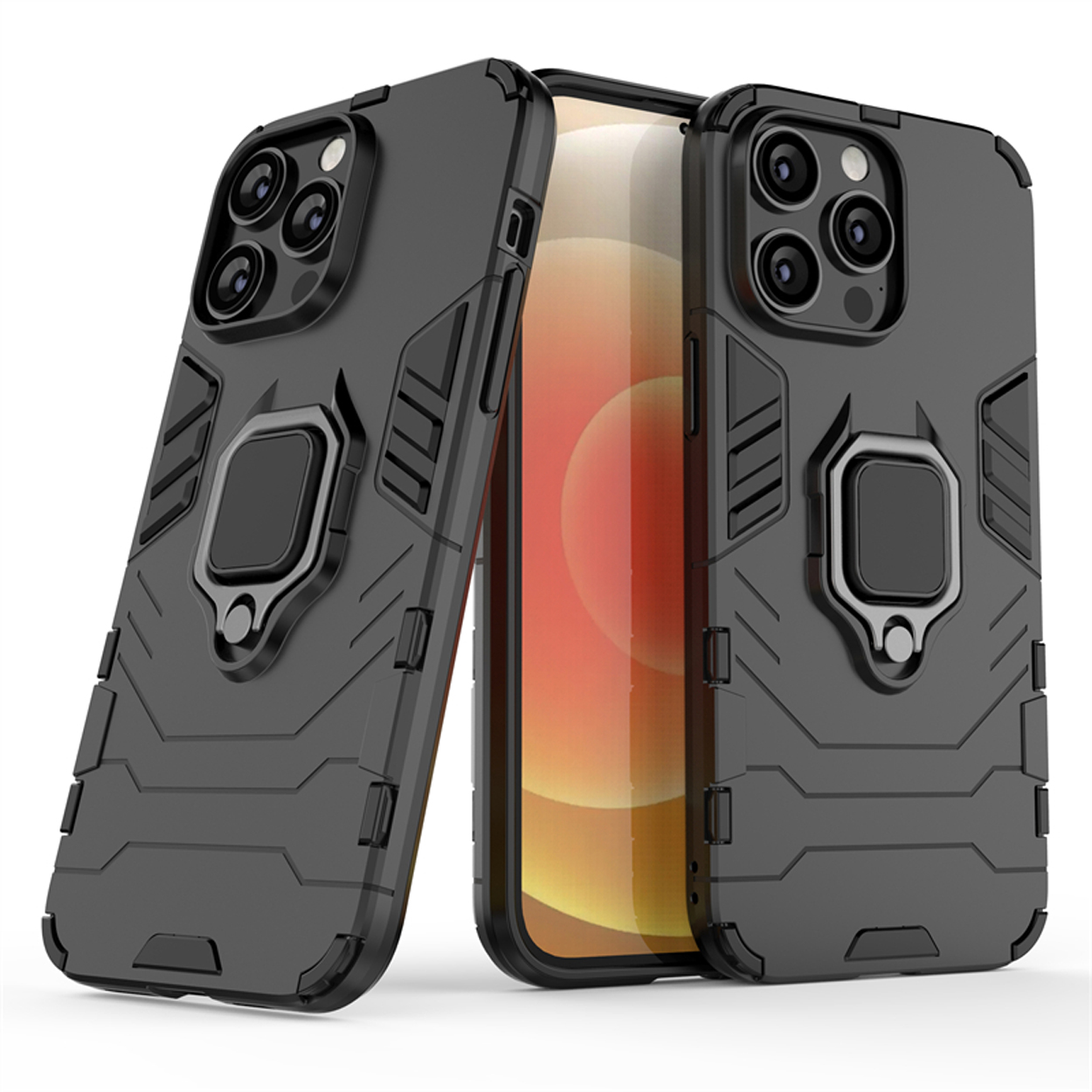 Drie zwarte telefoonhoesjes. Eén met een ringhouder. Witte achtergrond.