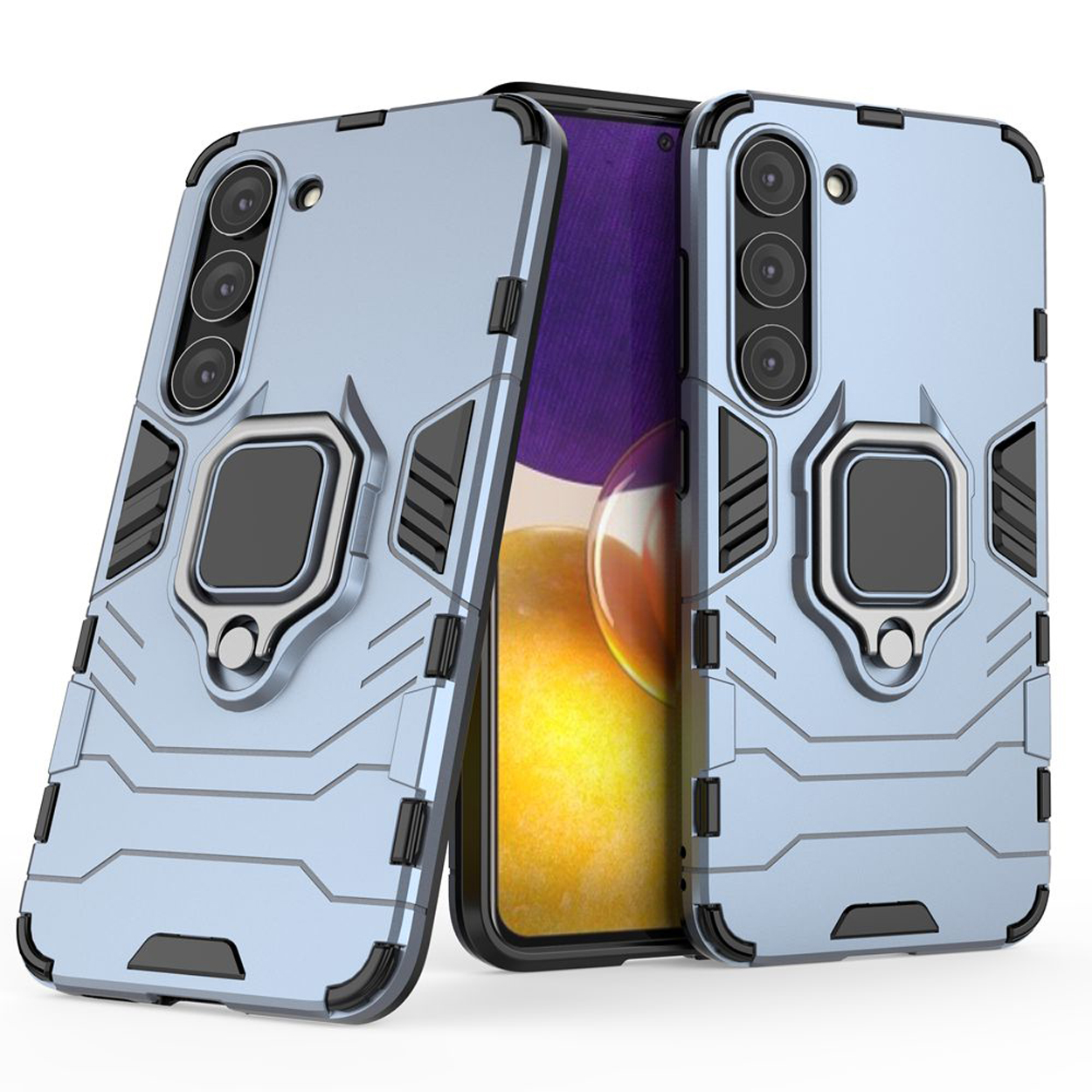 Lichtblauwe telefoonhoes met twee telefoons. Ringstandaard en een pantserachtig ontwerp.