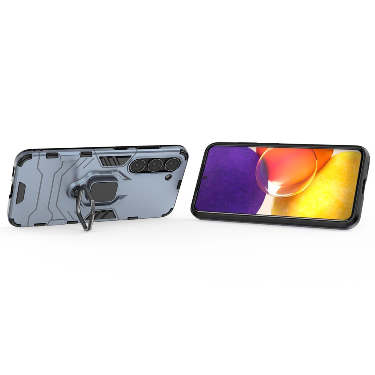 Telefoonhoesje met ringhouder, lichtgrijze kleur. Een telefoon met een kleurrijk scherm.