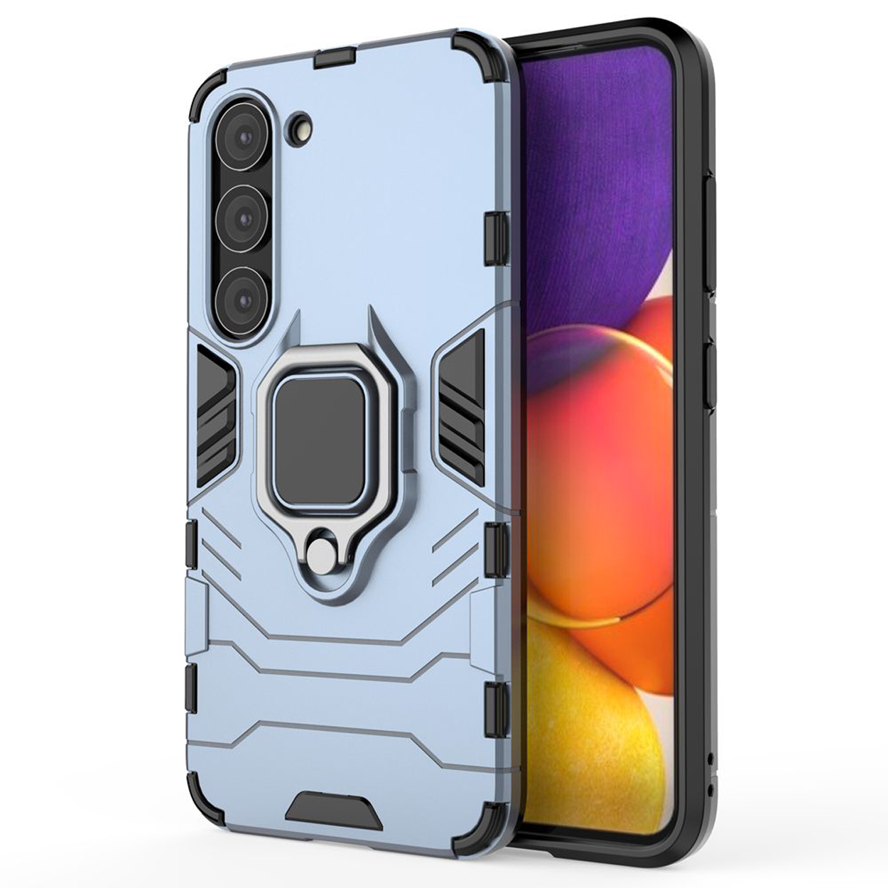 Blauw telefoonhoesje met ringhouder, toont het scherm van de telefoon. Zwarte rand en ontwerp.