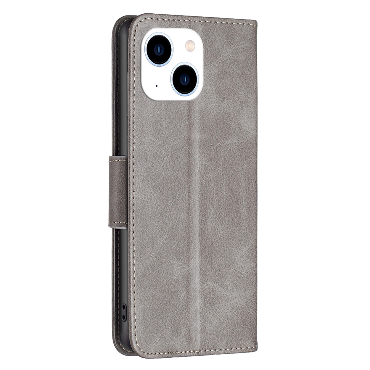 Grijze leren telefoonhoes gesloten. De hoes heeft een magnetische sluiting. De achtergrond is wit.