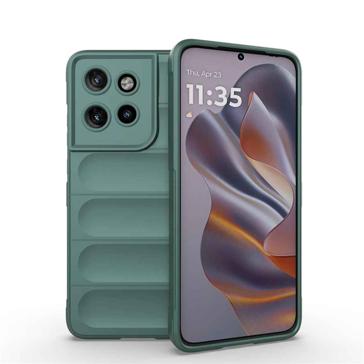 Groene telefoonhoes met een zichtbare telefoon. De telefoon heeft een datum- en tijdweergave.