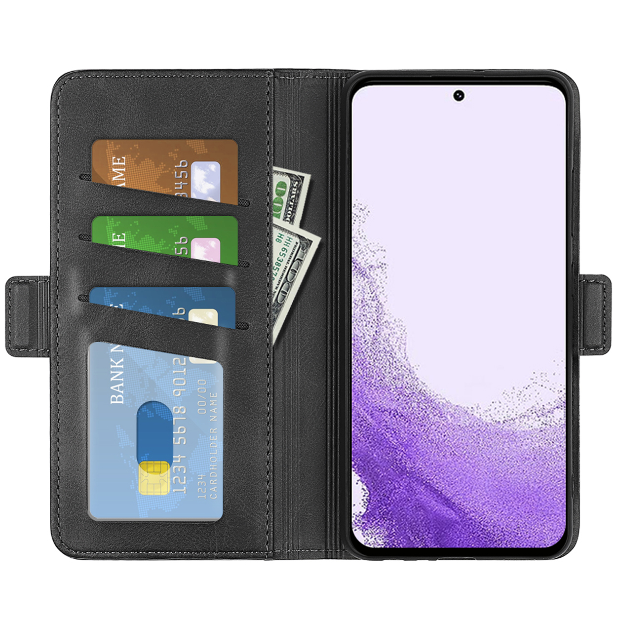 Zwarte telefoonhoes met kaartsleuven en een dollarbiljet erin. Het scherm toont een app.