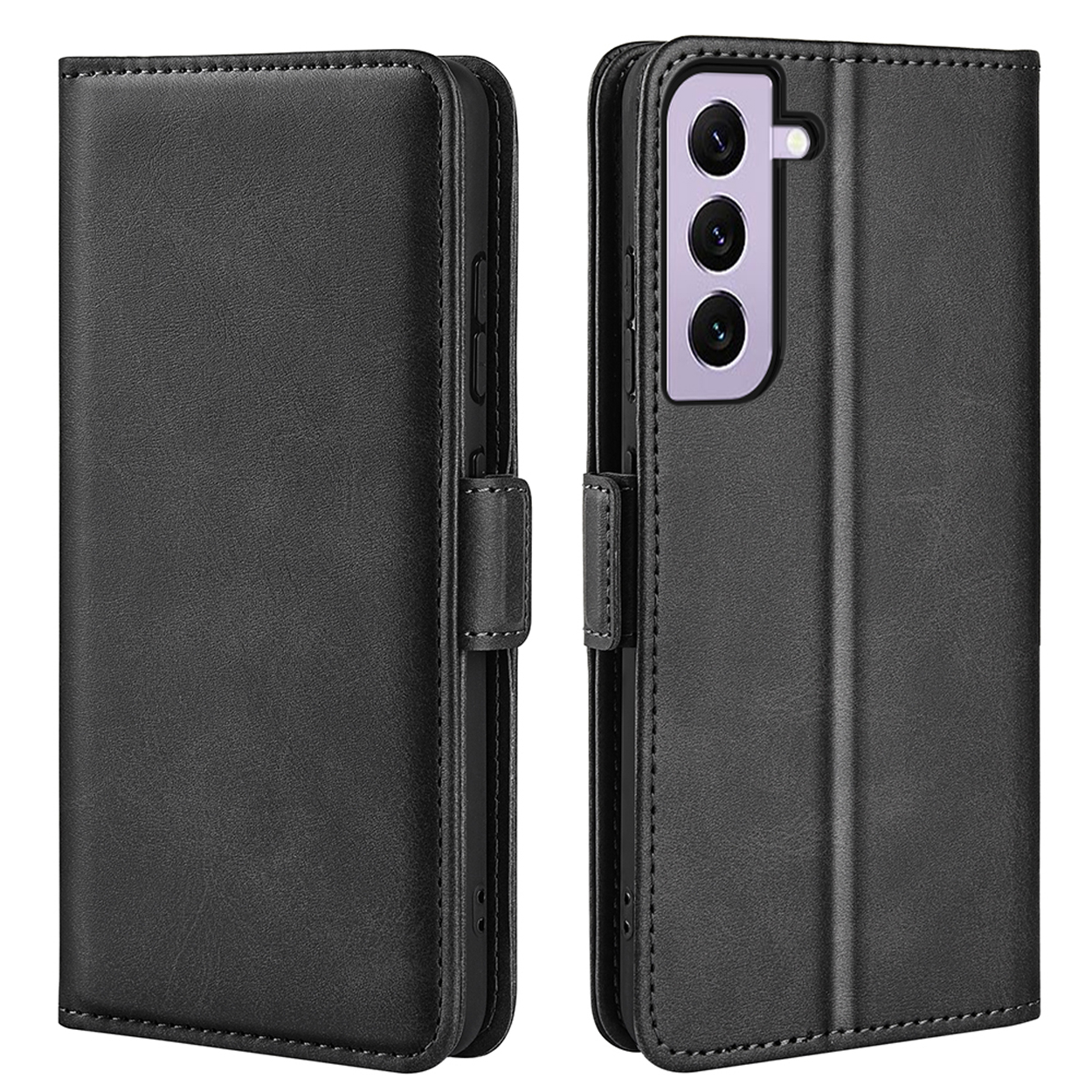 Twee zwarte telefoonhoesjes in de open en gesloten positie. Beide zijn leren portefeuille-hoesjes voor een telefoon.