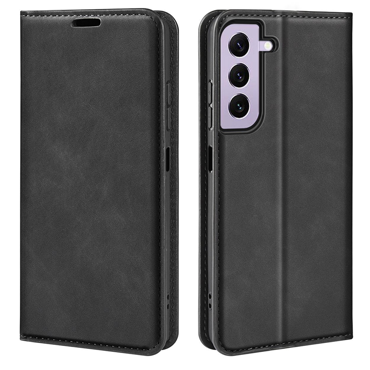Étui de téléphone noir, ouvert, montrant le téléphone, sur fond blanc.