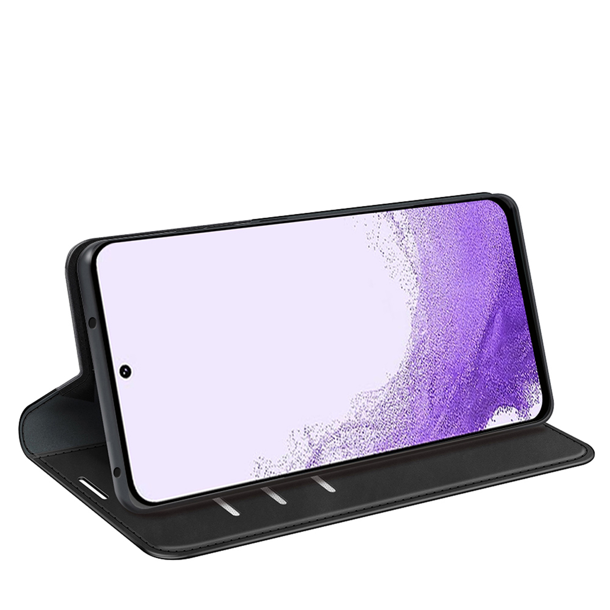 Étui de téléphone noir ouvert, avec téléphone à l'intérieur; fond blanc.