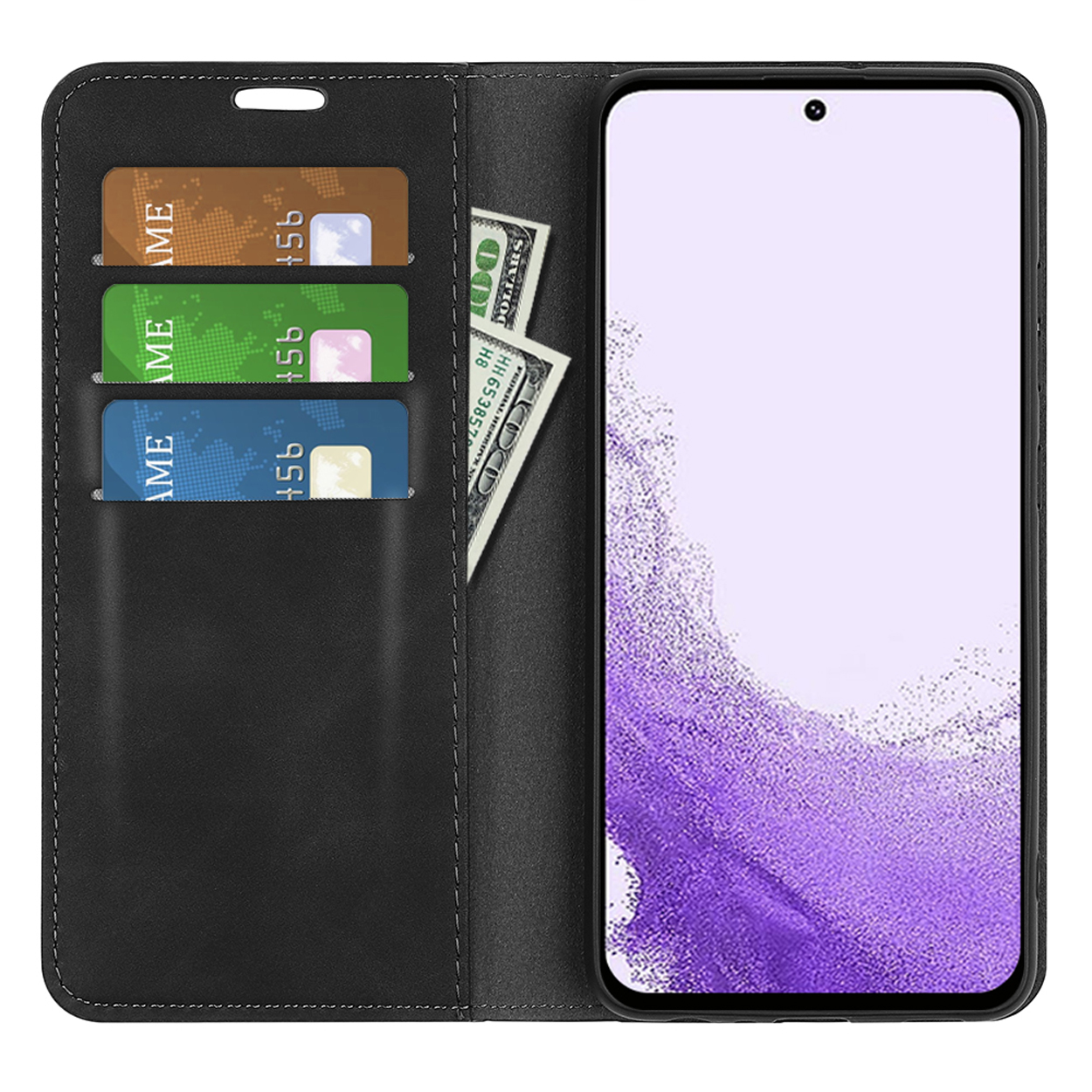 Coque de téléphone noire ouverte, avec cartes et argent. L'écran du téléphone est affiché.