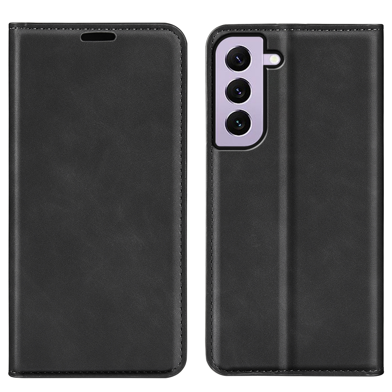 Coque de téléphone noire ouverte. Le côté droit a une caméra et le gauche un écran.