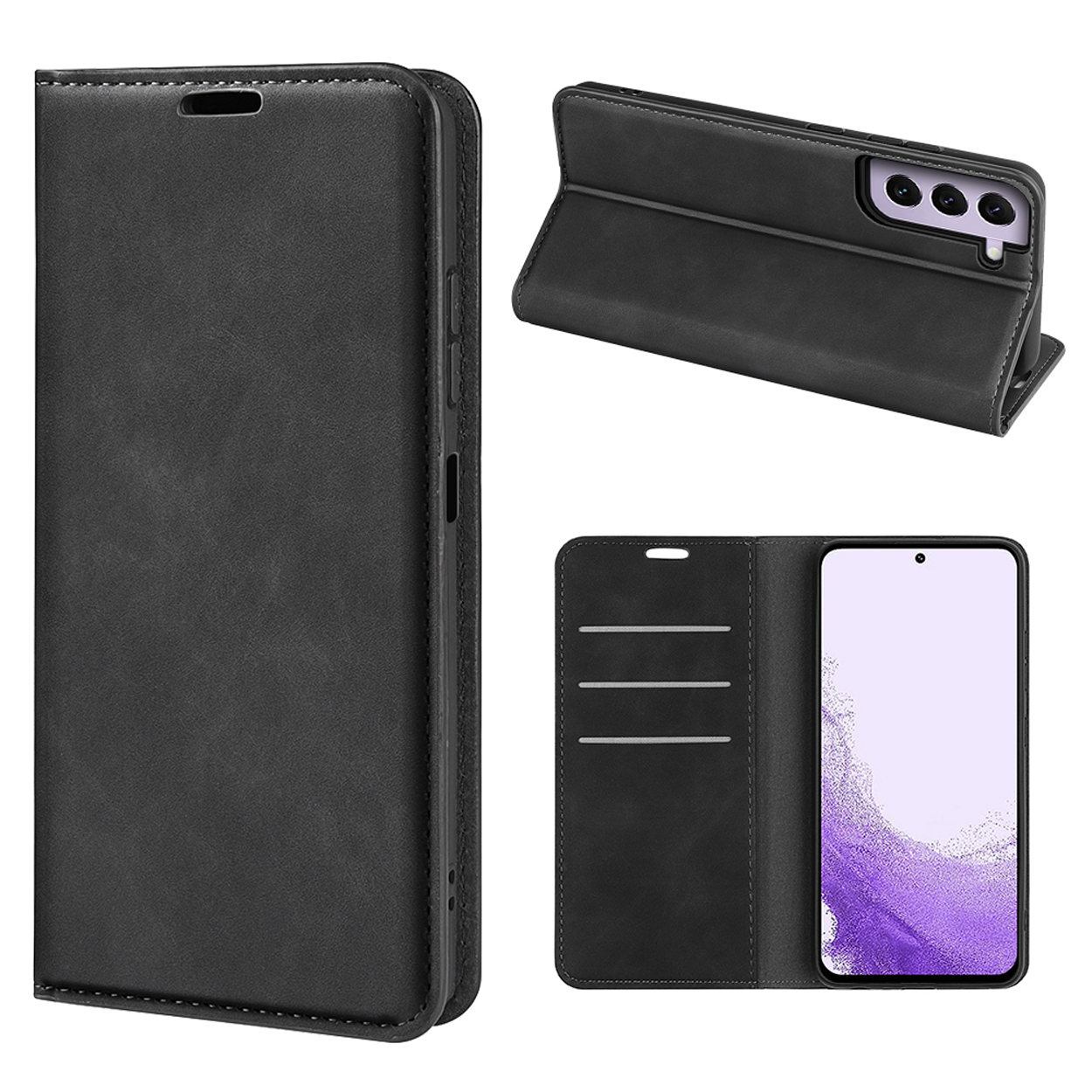 Coque de téléphone en cuir noir, vues ouverte et fermée. Montre les fentes pour cartes et l'écran.