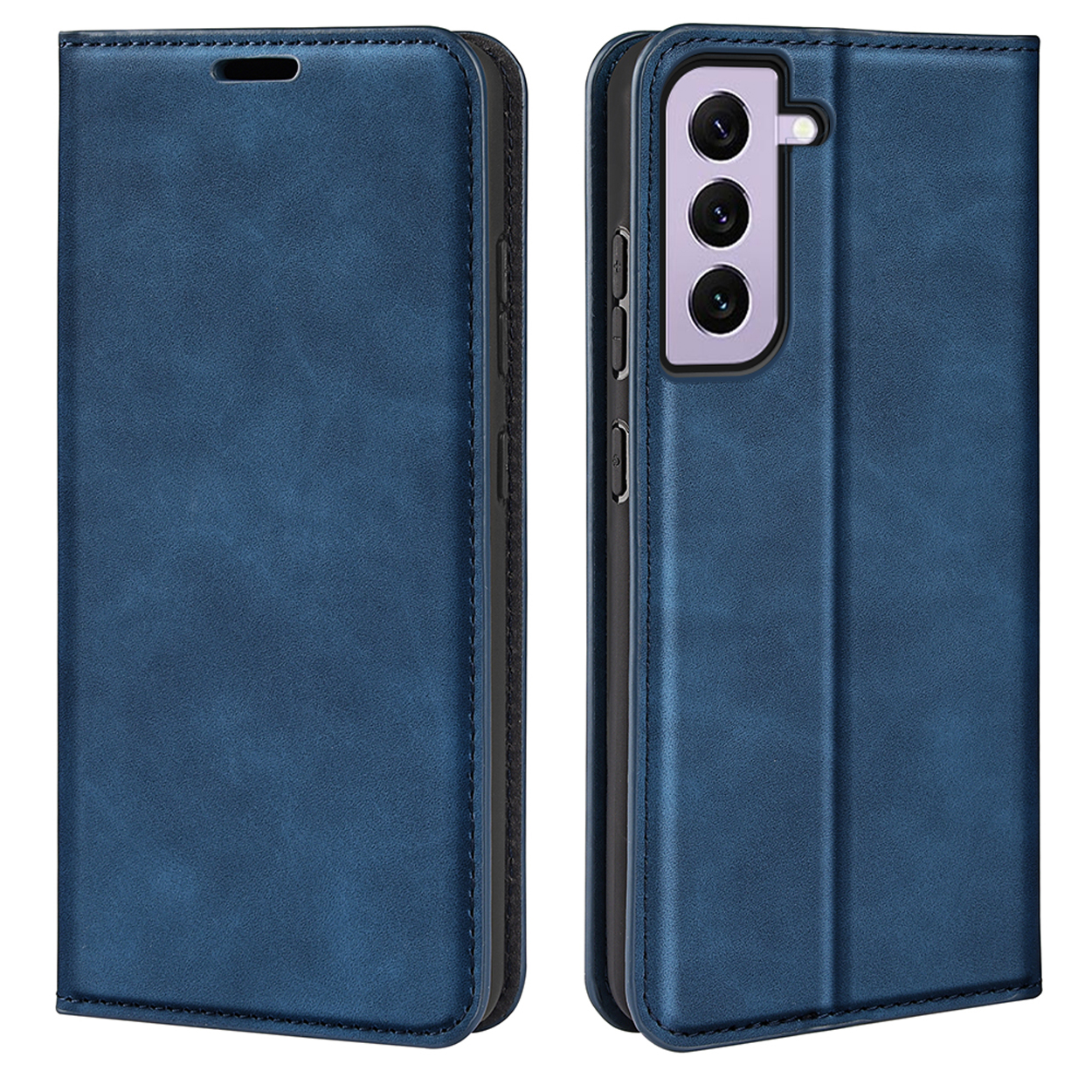 Coque de téléphone bleue. La coque du téléphone est ouverte, révélant le téléphone.