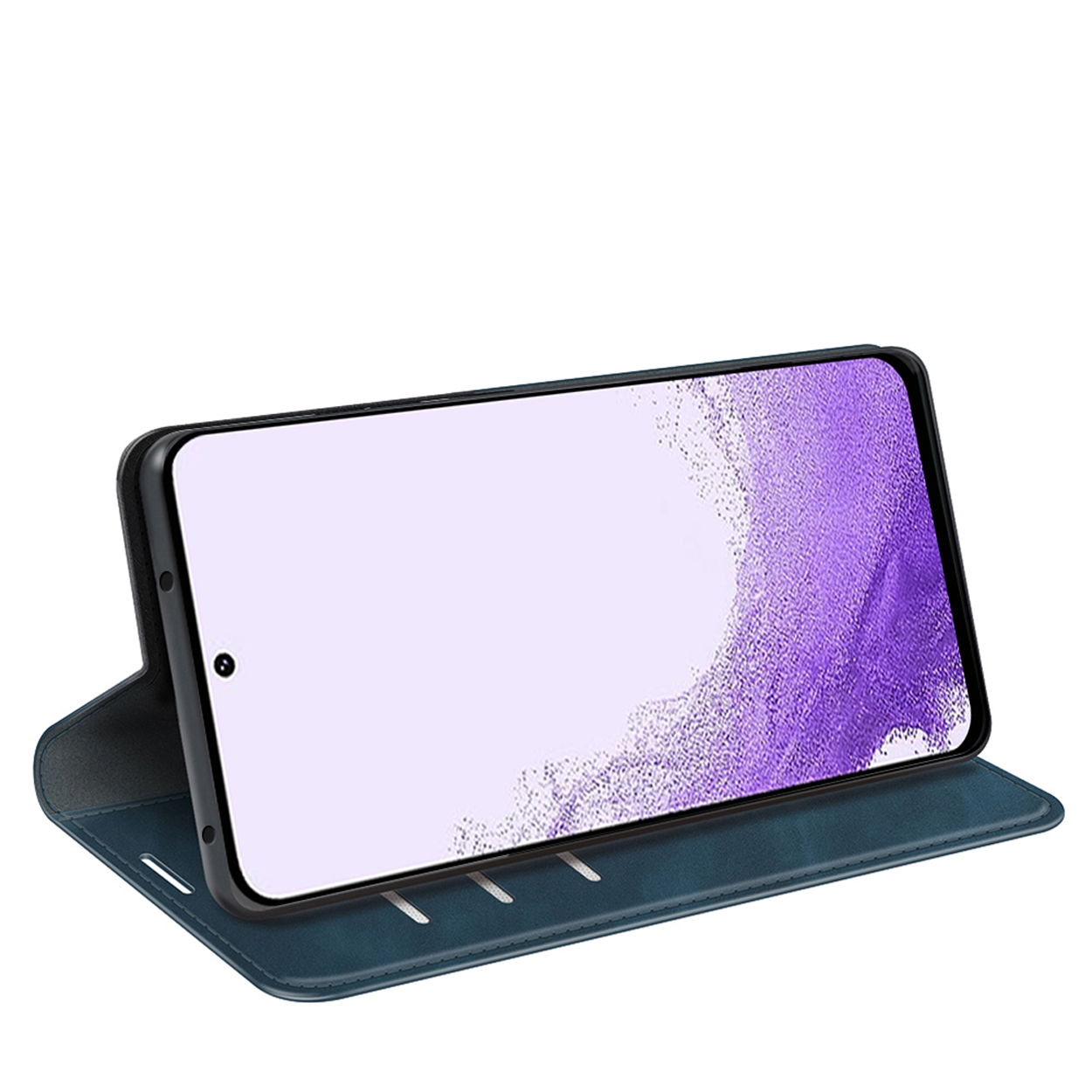 Coque de téléphone bleue ouverte avec un téléphone à l'intérieur. Le fond est de couleur violette.