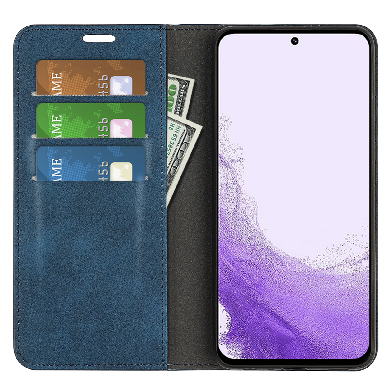 Étui de téléphone bleu avec fentes pour cartes de crédit et un billet de cent dollars à côté d'un téléphone avec écran violet.