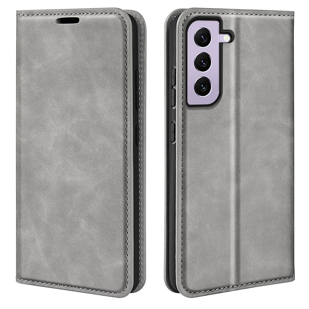 Deux côtés d'un étui de téléphone gris. Côté gauche fermé, côté droit ouvert avec téléphone.