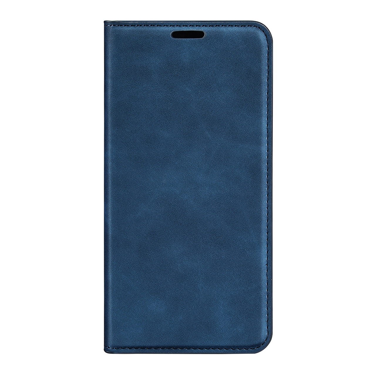 Étui de téléphone en cuir bleu, fermé. L'étui a un design cousu et est fermé.