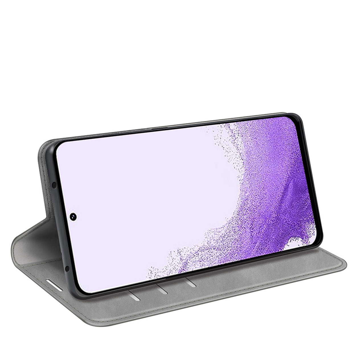 Portefeuille d'étui de téléphone avec un téléphone. Le téléphone est en position ouverte et le fond est blanc.