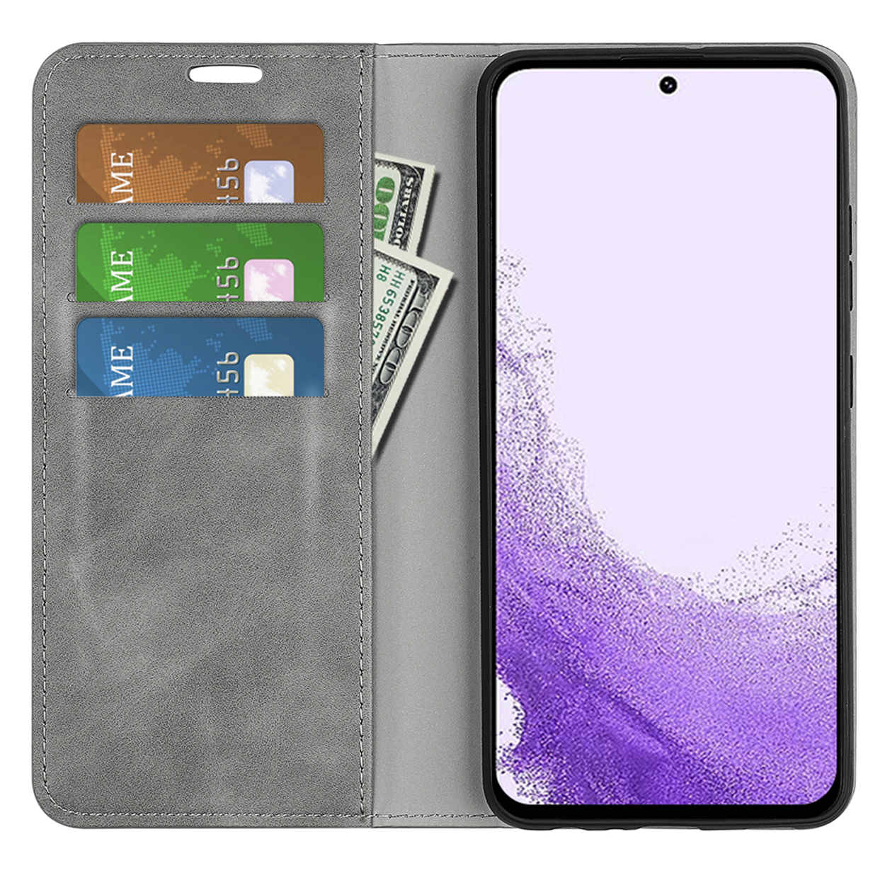 Portefeuille de téléphone gris avec trois fentes pour cartes et une poche pour espèces. Un téléphone s'affiche à droite.