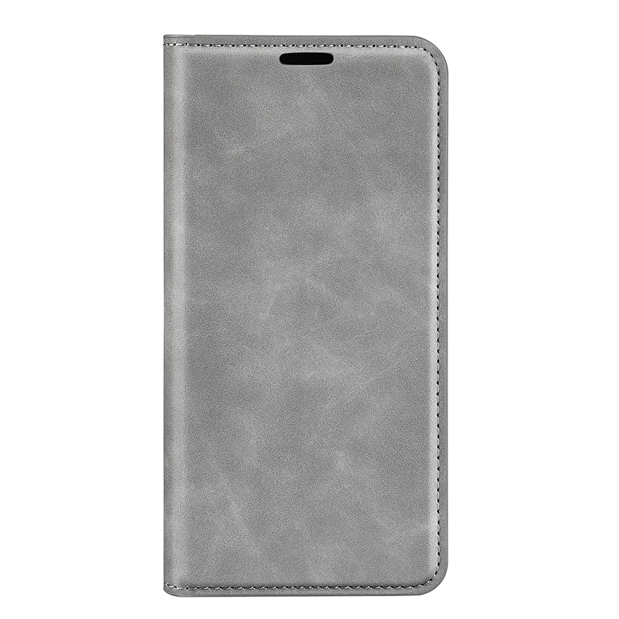 Coque de téléphone grise fermée. L'étui a une fermeture magnétique. Le fond est blanc.