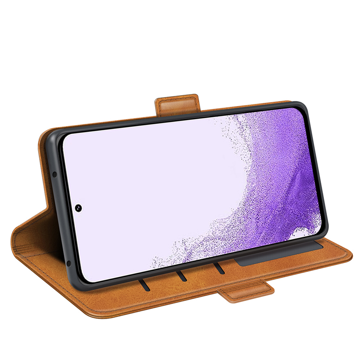 Bruine telefoonhoes met telefoon erin op witte achtergrond.