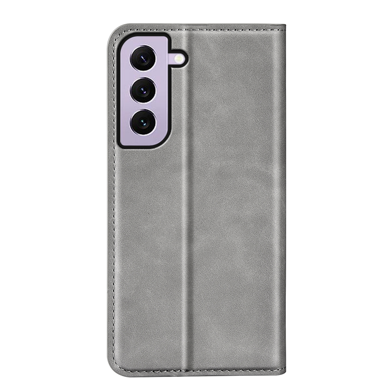 Un étui de téléphone gris en position ouverte. C'est un étui de type portefeuille en cuir pour un téléphone.