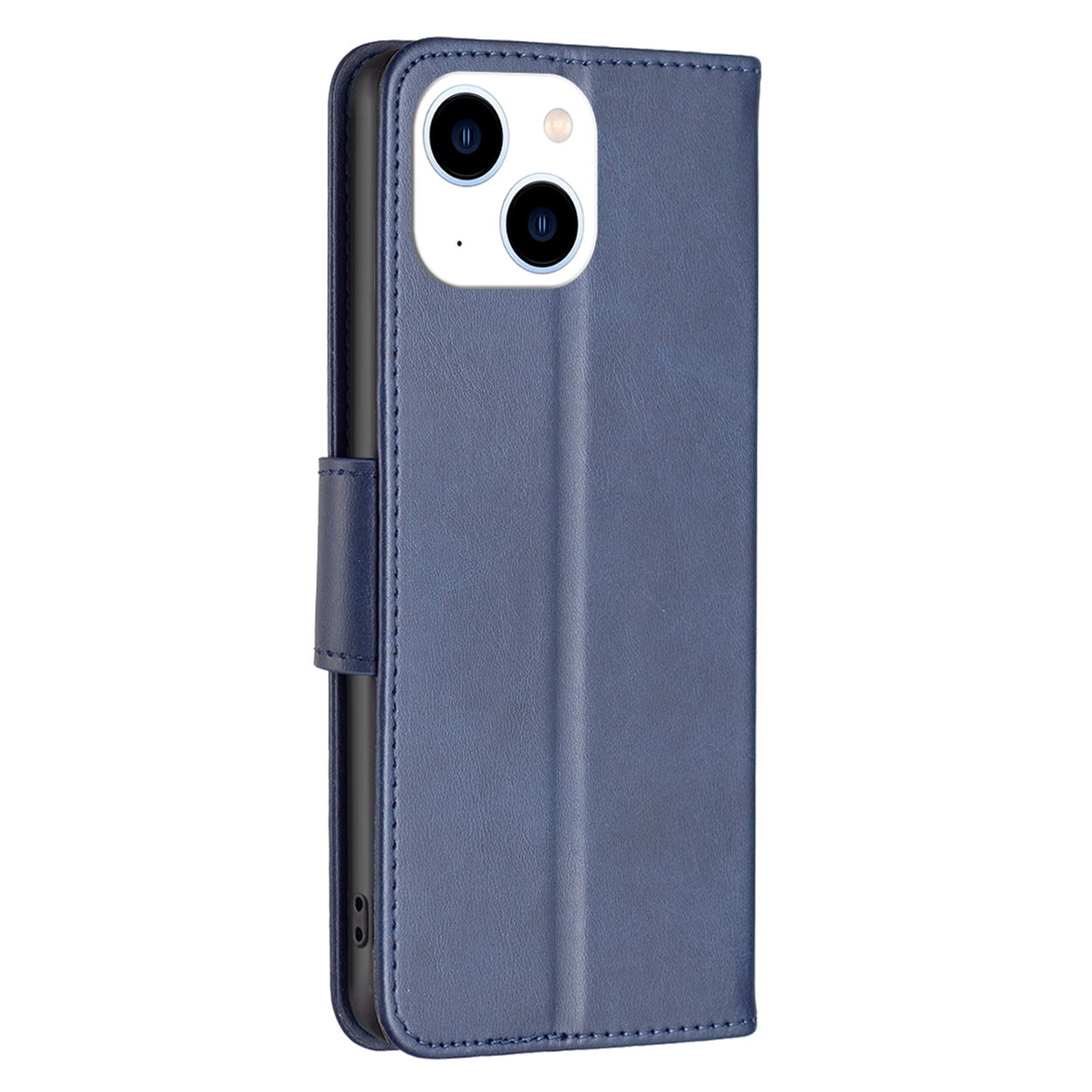 Coque de téléphone en cuir bleu foncé, fermée. Montre la caméra du téléphone et une fermeture magnétique.