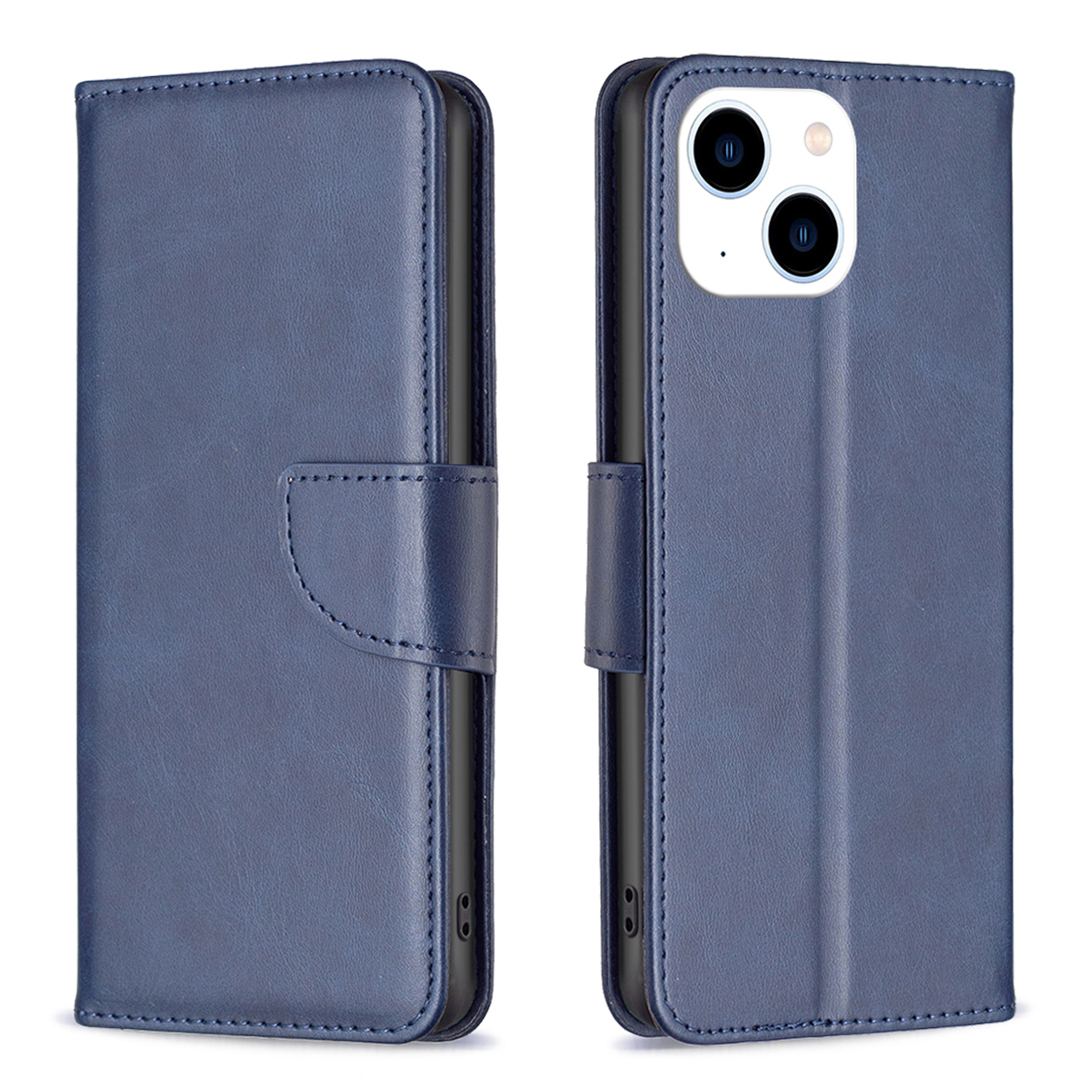 Portefeuille de coque de téléphone bleu, ouvert avec un téléphone. Le fond est blanc.