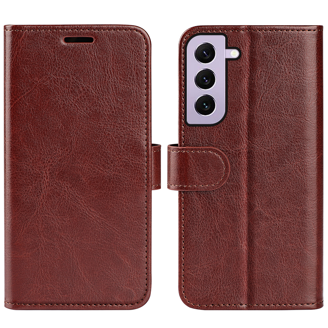 Étui de téléphone marron ouvert, montrant le téléphone et un module caméra.