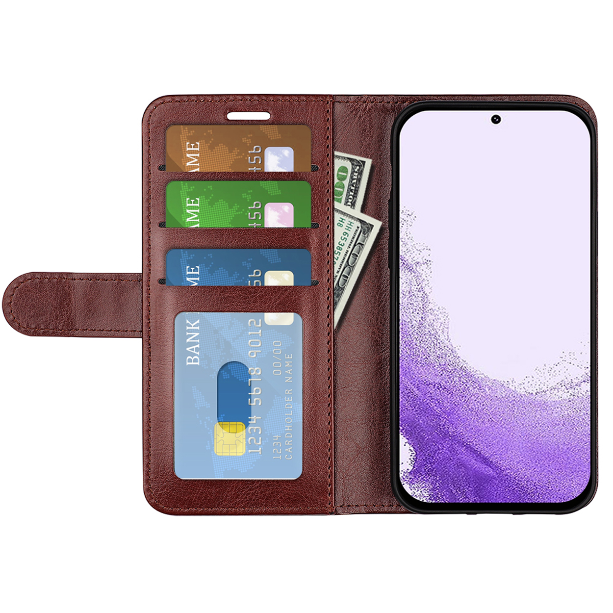 Portefeuille de téléphone marron avec emplacements pour cartes et espèces. Un téléphone affiche un motif abstrait violet.