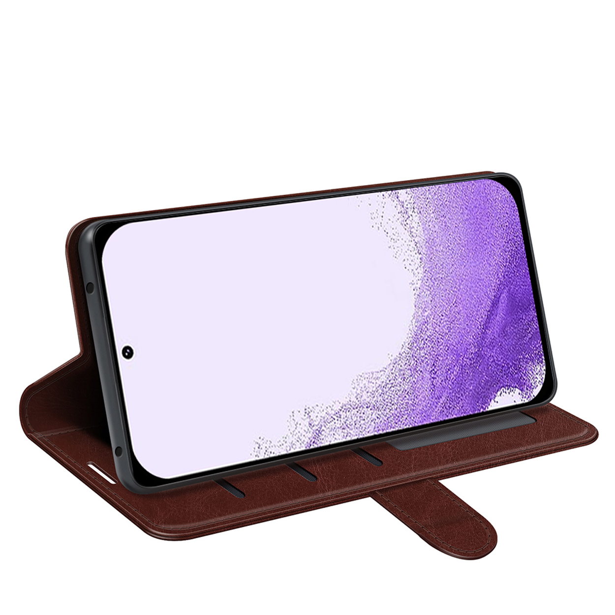 Étui de téléphone marron ouvert, téléphone à l'intérieur, affichant un écran violet. Cuir.